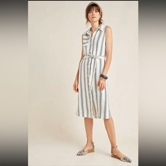 Maeve by Anthropologie Cream & Black Esther Striped Sleeveless Shirt Dress - Picture 3 of 13